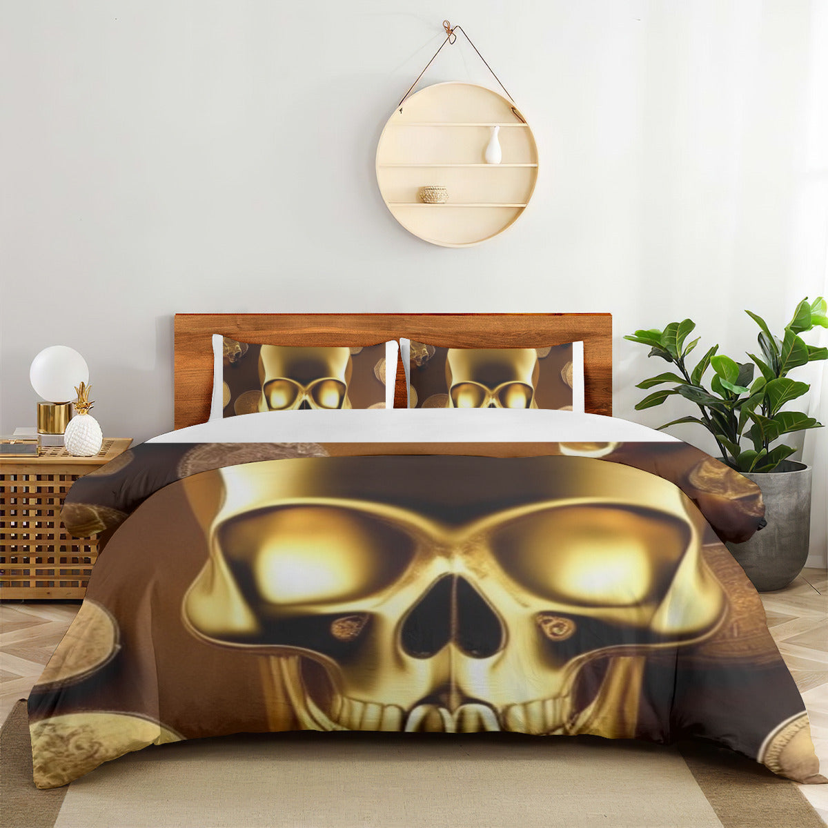 Quilt cover four-piece set (double-sided printing) | Polyester - Gold skull design Classic Coins backdrop