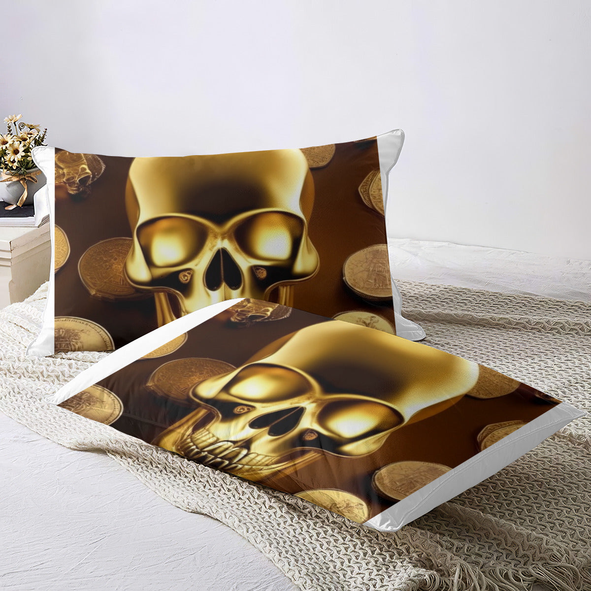 Quilt cover four-piece set (double-sided printing) | Polyester - Gold skull design Classic Coins backdrop