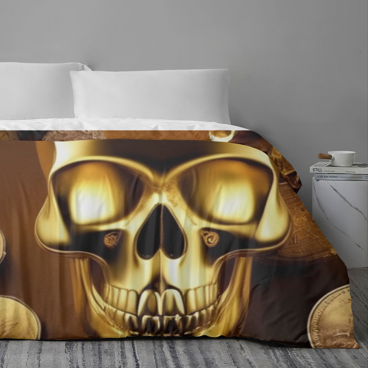 Quilt cover four-piece set (double-sided printing) | Polyester - Gold skull design Classic Coins backdrop