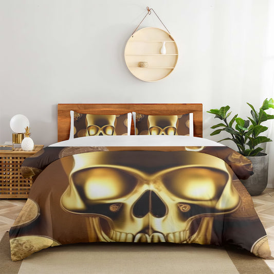 Quilt cover four-piece set (double-sided printing) | Polyester - Gold skull design Classic Coins backdrop